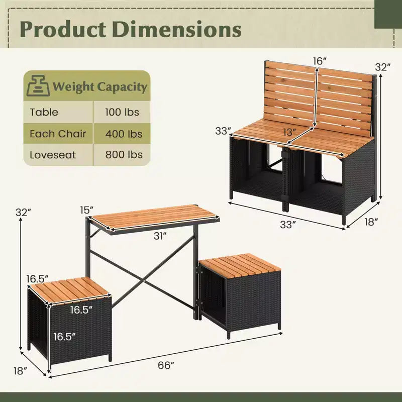 Costway Banc convertible 2-en-1 d'extérieur avec cadre en métal, table en résine tressée et ensemble de chaises