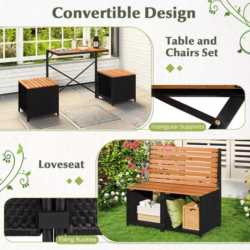 Costway Banc convertible 2-en-1 d'extérieur avec cadre en métal, table en résine tressée et ensemble de chaises