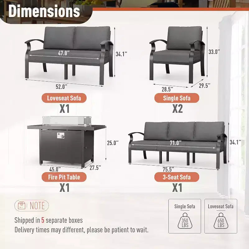 ALAULM Salon de Jardin en Aluminium 7 Places, Salon de Conversation Extérieur Moderne en Métal avec Table Foyer au Propane de 114 cm