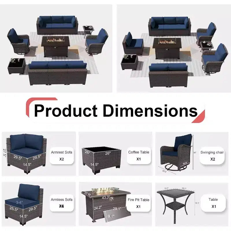 Ensemble de meubles de patio ALAULM 11 pièces, ensembles de conversation d'extérieur en osier de rotin avec table de foyer au propane de 109 cm