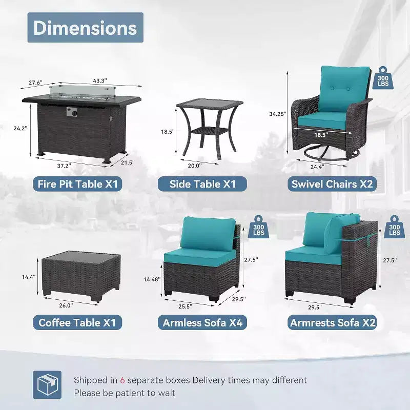 Ensemble de meubles de patio ALAULM 11 pièces, ensembles de conversation d'extérieur en osier de rotin avec table de foyer au propane de 109 cm