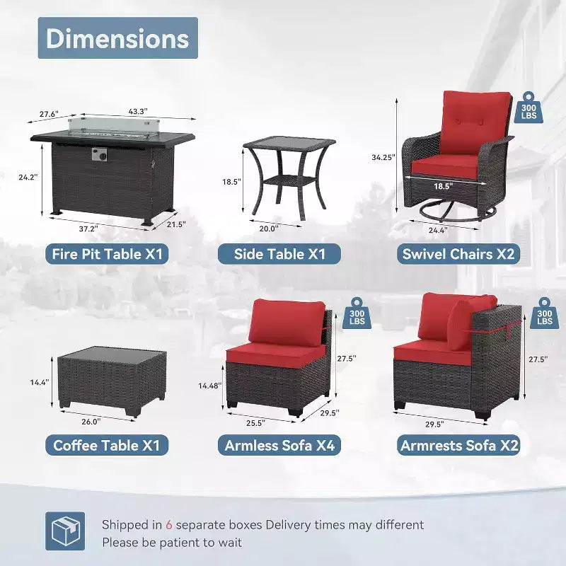 Ensemble de meubles de patio ALAULM 11 pièces, ensembles de conversation d'extérieur en osier de rotin avec table de foyer au propane de 109 cm
