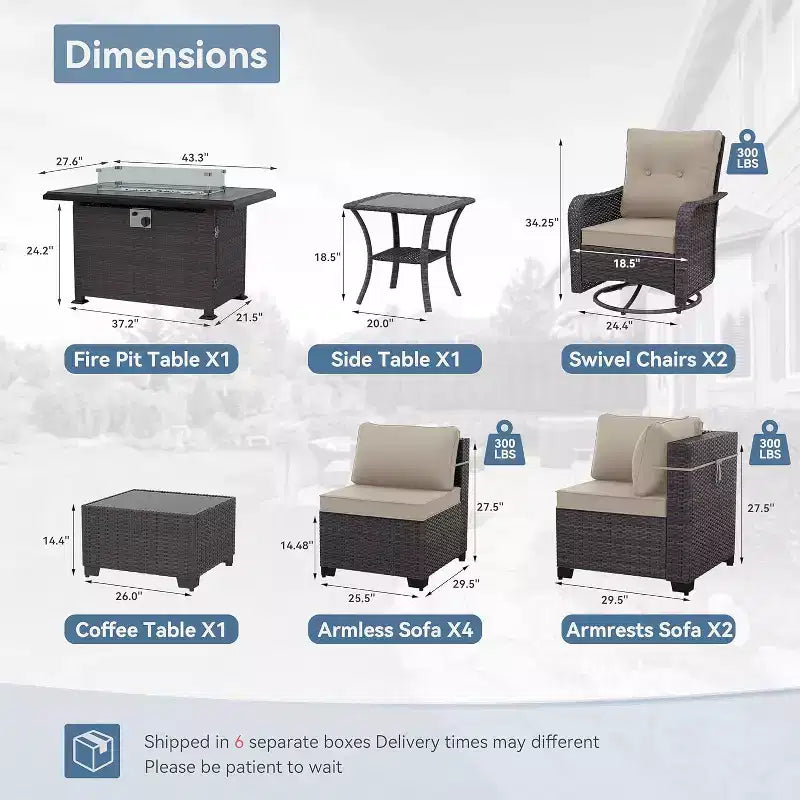 Ensemble de meubles de patio ALAULM 11 pièces, ensembles de conversation d'extérieur en osier de rotin avec table de foyer au propane de 109 cm