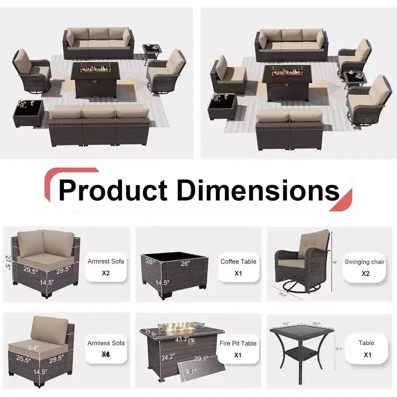 Ensemble de meubles de patio ALAULM 11 pièces, ensembles de conversation d'extérieur en osier de rotin avec table de foyer au propane de 109 cm