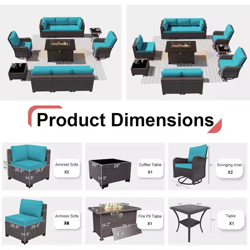 Ensemble de meubles de patio ALAULM 11 pièces, ensembles de conversation d'extérieur en osier de rotin avec table de foyer au propane de 109 cm