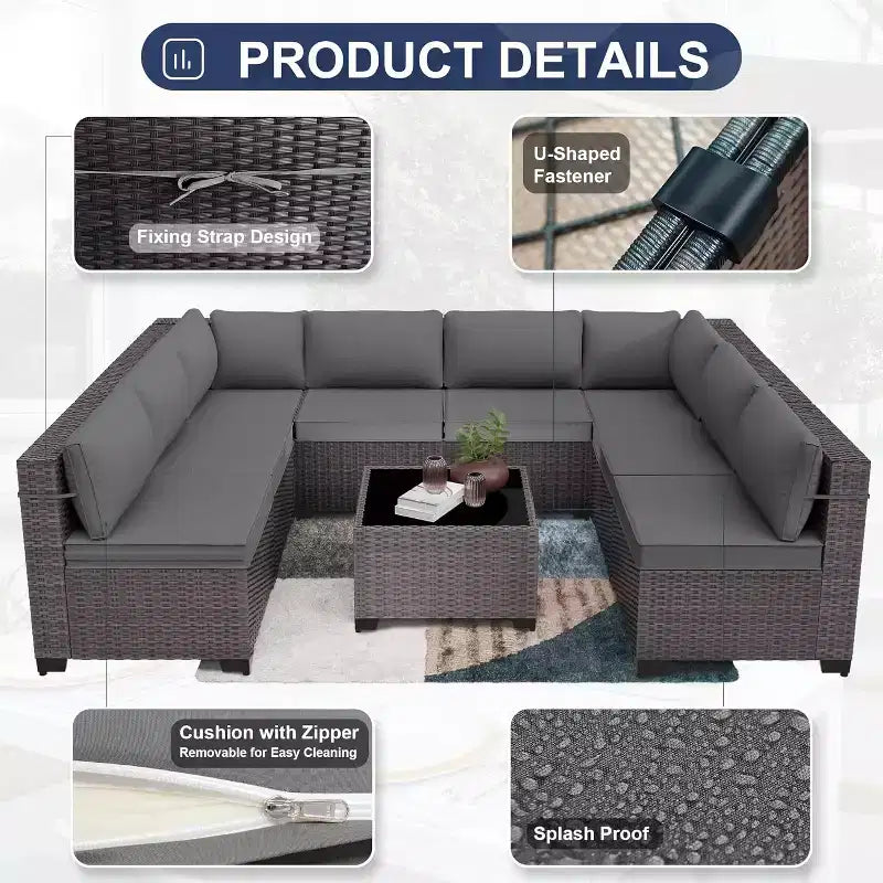 ALAULM Ensemble de mobilier de patio 9 pièces, salons d'extérieur en rotin et osier, ensemble de canapés de mobilier d'extérieur