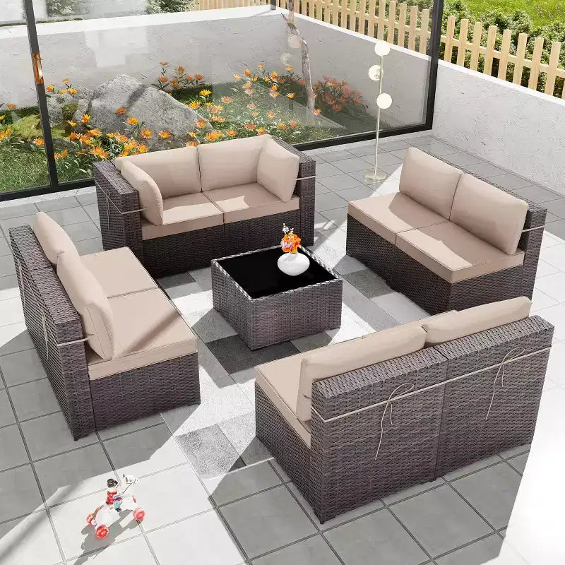 ALAULM Ensemble de mobilier de patio 9 pièces, salons d'extérieur en rotin et osier, ensemble de canapés de mobilier d'extérieur