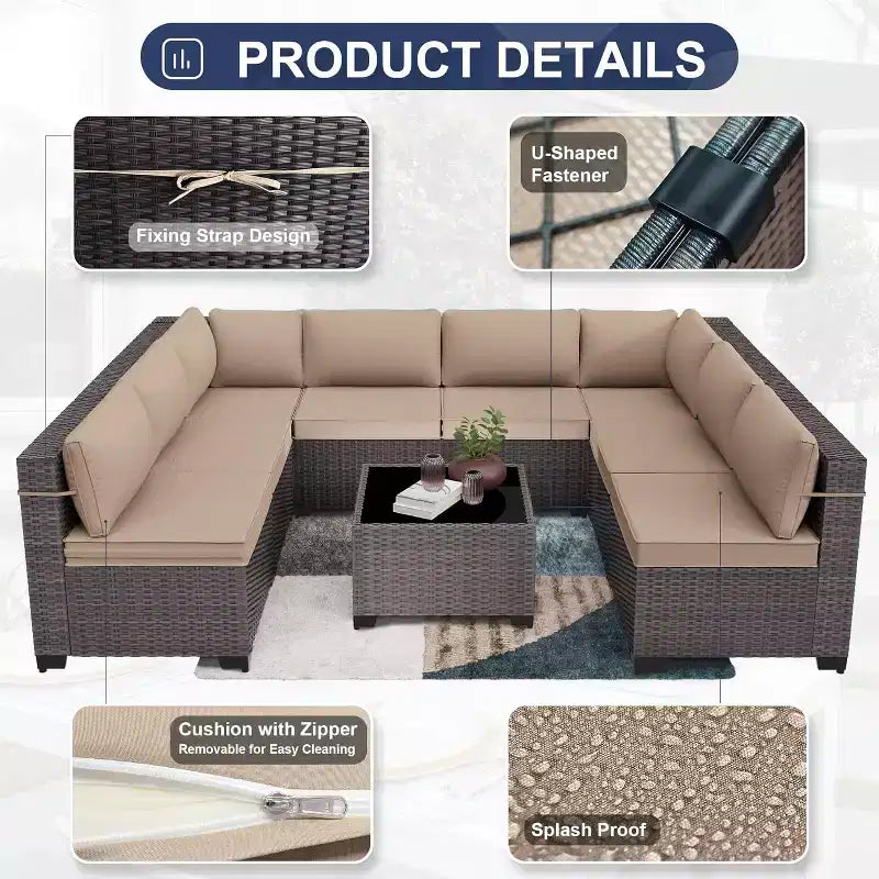 ALAULM Ensemble de mobilier de patio 9 pièces, salons d'extérieur en rotin et osier, ensemble de canapés de mobilier d'extérieur