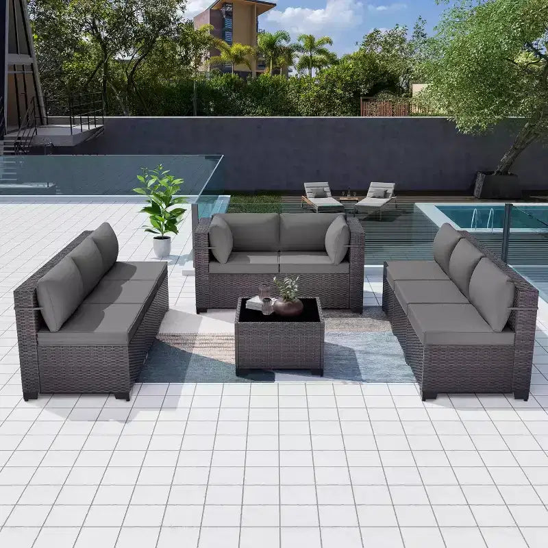 ALAULM Ensemble de mobilier de patio 9 pièces, salons d'extérieur en rotin et osier, ensemble de canapés de mobilier d'extérieur