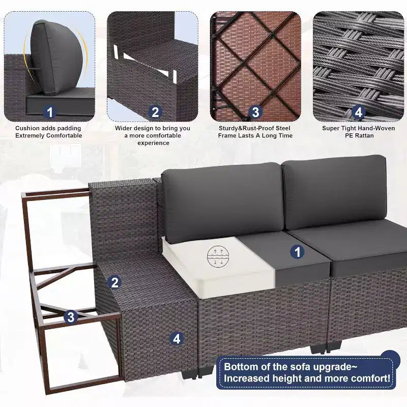 ALAULM Ensemble de mobilier de jardin 11 pièces, ensembles de conversation extérieurs en osier de rotin, ensemble de canapés de mobilier avec table de foyer au propane de 43 pouces