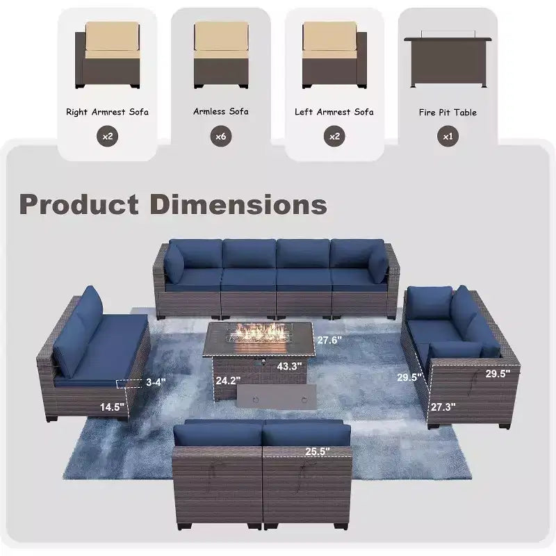 ALAULM Ensemble de mobilier de jardin 11 pièces, ensembles de conversation extérieurs en osier de rotin, ensemble de canapés de mobilier avec table de foyer au propane de 43 pouces