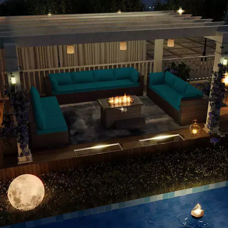 ALAULM Ensemble de mobilier de jardin 11 pièces, ensembles de conversation extérieurs en osier de rotin, ensemble de canapés de mobilier avec table de foyer au propane de 43 pouces