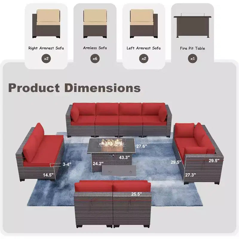 ALAULM Ensemble de mobilier de jardin 11 pièces, ensembles de conversation extérieurs en osier de rotin, ensemble de canapés de mobilier avec table de foyer au propane de 43 pouces