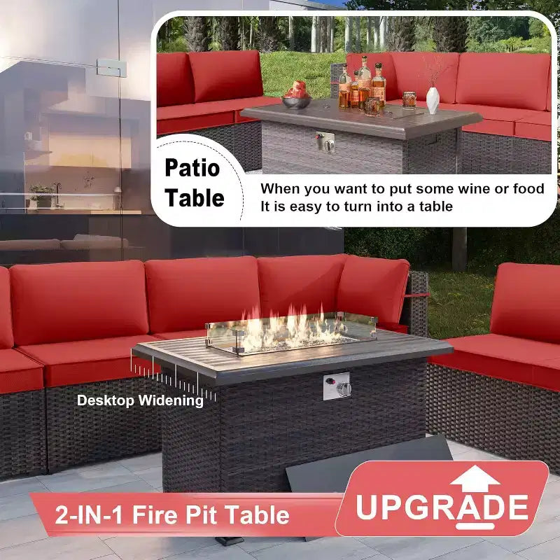 ALAULM Ensemble de mobilier de jardin 11 pièces, ensembles de conversation extérieurs en osier de rotin, ensemble de canapés de mobilier avec table de foyer au propane de 43 pouces