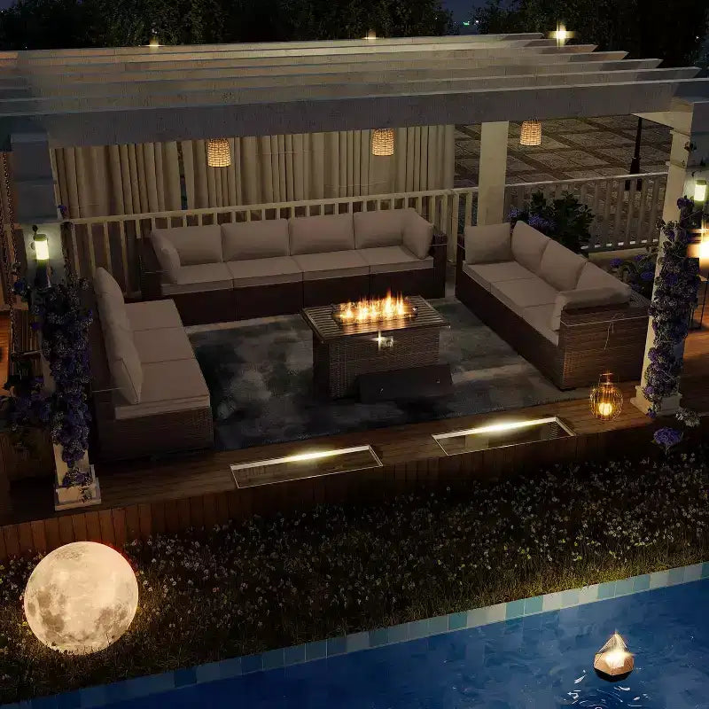ALAULM Ensemble de mobilier de jardin 11 pièces, ensembles de conversation extérieurs en osier de rotin, ensemble de canapés de mobilier avec table de foyer au propane de 43 pouces