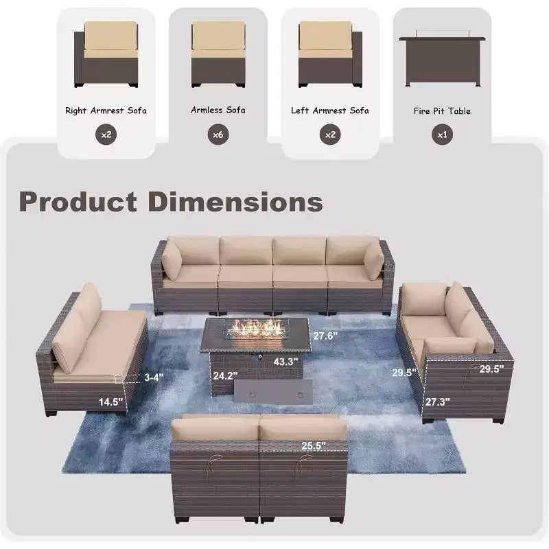 ALAULM Ensemble de mobilier de jardin 11 pièces, ensembles de conversation extérieurs en osier de rotin, ensemble de canapés de mobilier avec table de foyer au propane de 43 pouces