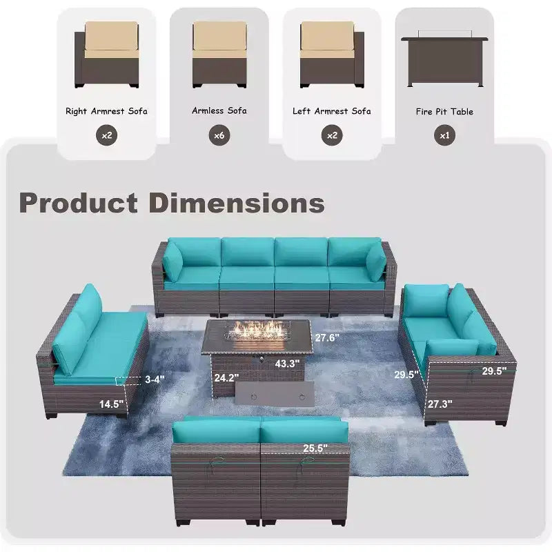 ALAULM Ensemble de mobilier de jardin 11 pièces, ensembles de conversation extérieurs en osier de rotin, ensemble de canapés de mobilier avec table de foyer au propane de 43 pouces