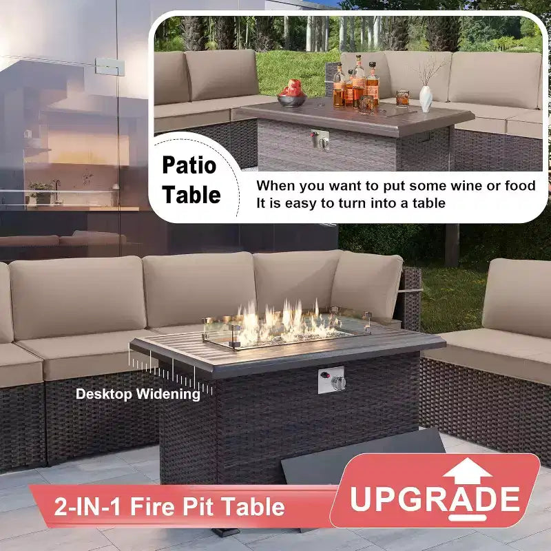 ALAULM Ensemble de mobilier de jardin 11 pièces, ensembles de conversation extérieurs en osier de rotin, ensemble de canapés de mobilier avec table de foyer au propane de 43 pouces