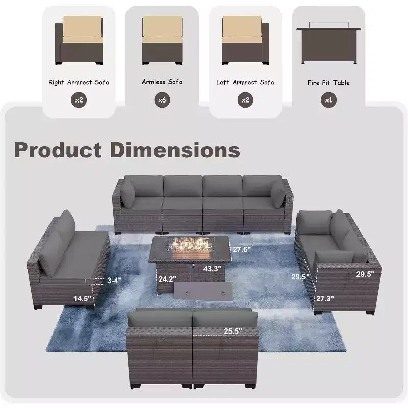 ALAULM Ensemble de mobilier de jardin 11 pièces, ensembles de conversation extérieurs en osier de rotin, ensemble de canapés de mobilier avec table de foyer au propane de 43 pouces
