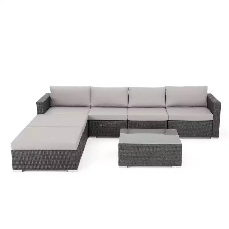 Christopher Knight Home Luther Ensemble de conversation sectionnel 7 pièces en osier, rotin et aluminium avec table basse et coussins