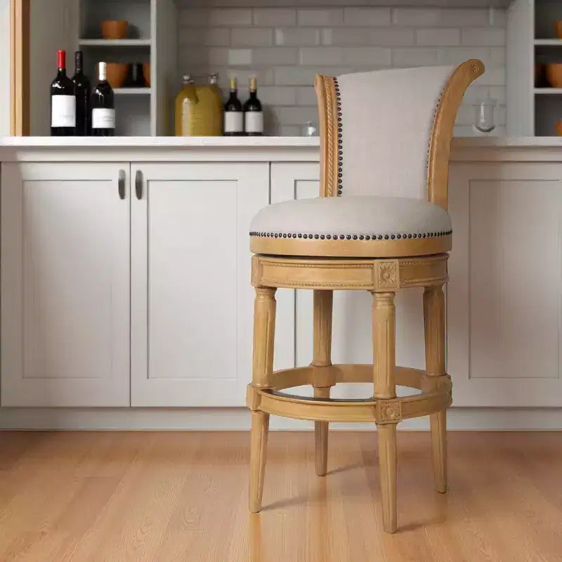 Chaise de bar pivotante de 76 cm en tissu beige et naturel et bois massif