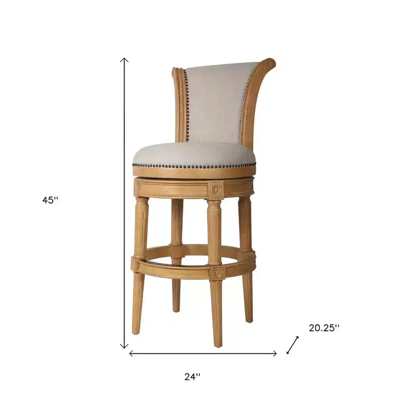 Chaise de bar pivotante de 76 cm en tissu beige et naturel et bois massif