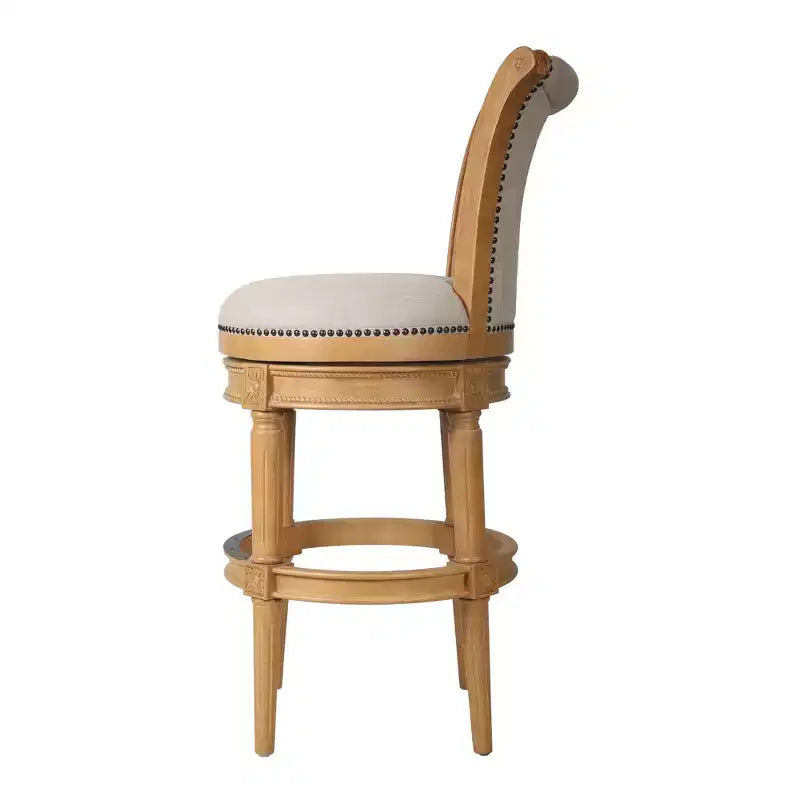 Chaise de bar pivotante de 76 cm en tissu beige et naturel et bois massif
