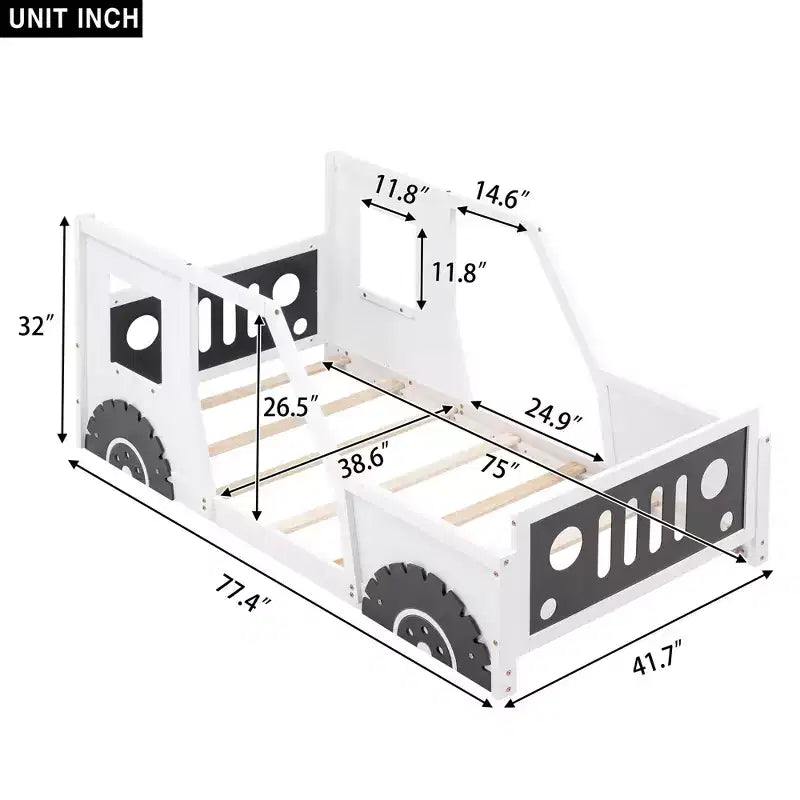 Cadre de lit plateforme double/complet avec roues - Lit enfant en forme de voiture classique avec barrières, blanc