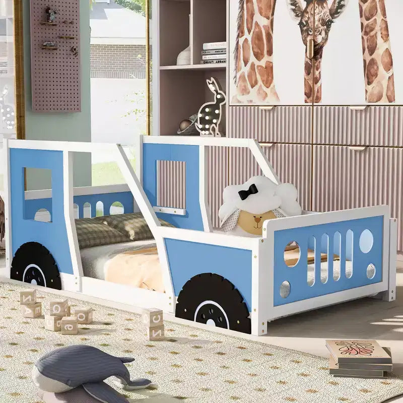 Cadre de lit plateforme double/complet avec roues - Lit enfant en forme de voiture classique avec barrières, blanc