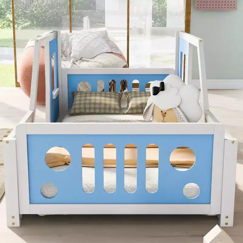 Cadre de lit plateforme double/complet avec roues - Lit enfant en forme de voiture classique avec barrières, blanc