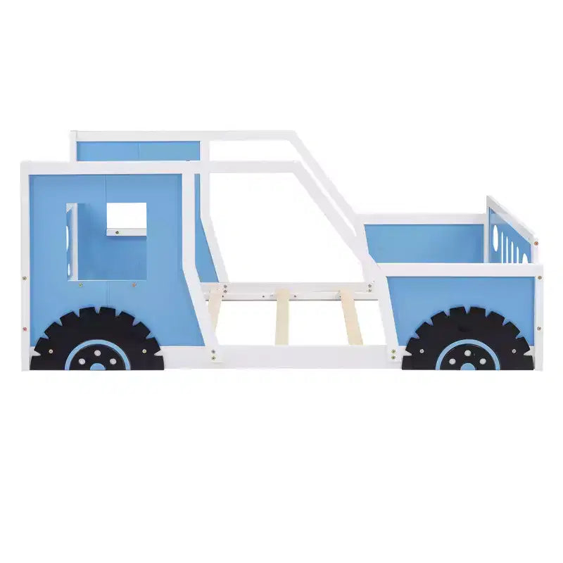 Cadre de lit plateforme double/complet avec roues - Lit enfant en forme de voiture classique avec barrières, blanc