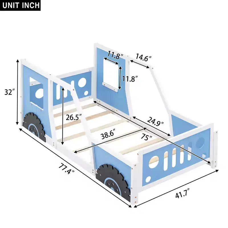 Cadre de lit plateforme double/complet avec roues - Lit enfant en forme de voiture classique avec barrières, blanc