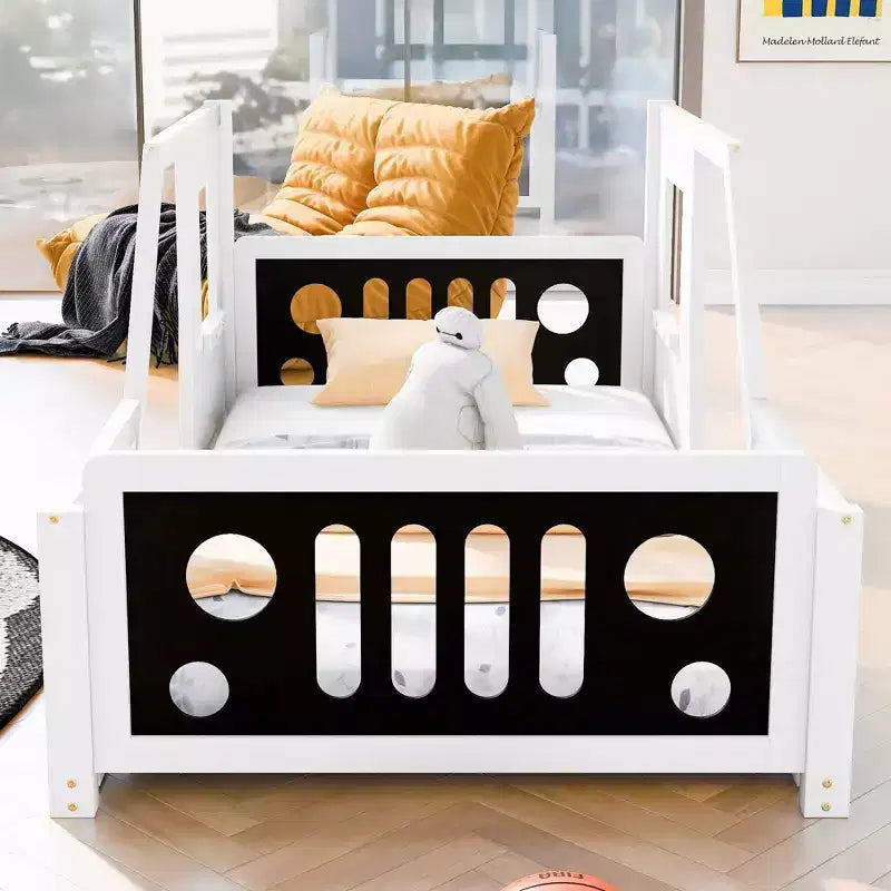 Cadre de lit plateforme double/complet avec roues - Lit enfant en forme de voiture classique avec barrières, blanc