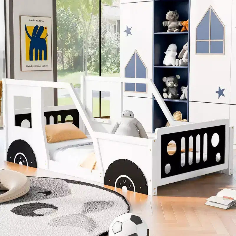Cadre de lit plateforme double/complet avec roues - Lit enfant en forme de voiture classique avec barrières, blanc