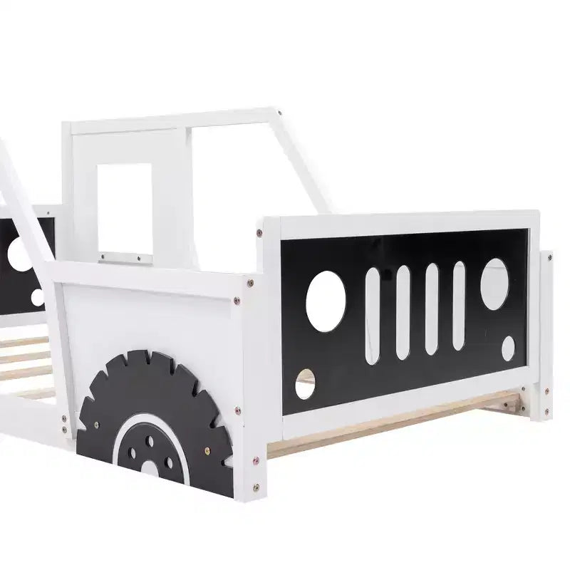 Cadre de lit plateforme double/complet avec roues - Lit enfant en forme de voiture classique avec barrières, blanc