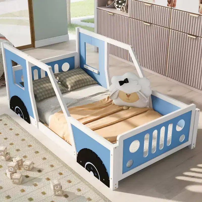 Cadre de lit plateforme double/complet avec roues - Lit enfant en forme de voiture classique avec barrières, blanc