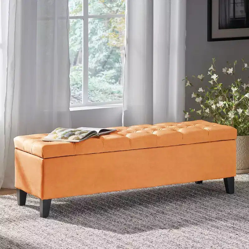 Banc de rangement ottoman de luxe – Repose-pieds rectangulaire rembourré capitonné pour salon, entrée et chambre à coucher