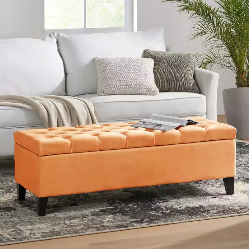Banc de rangement ottoman de luxe – Repose-pieds rectangulaire rembourré capitonné pour salon, entrée et chambre à coucher