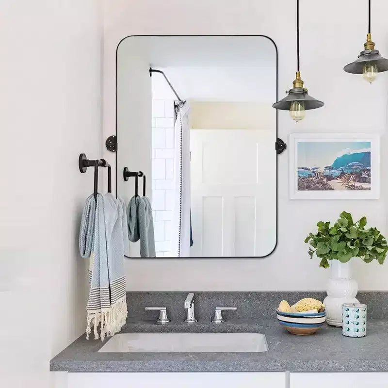 Miroir mural pivotant noir en fer forgé, rectangle arrondi, 35,83 x 24,02 po
