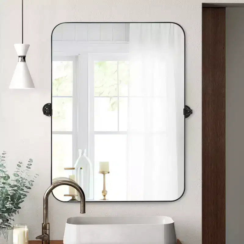 Miroir mural pivotant noir en fer forgé, rectangle arrondi, 35,83 x 24,02 po
