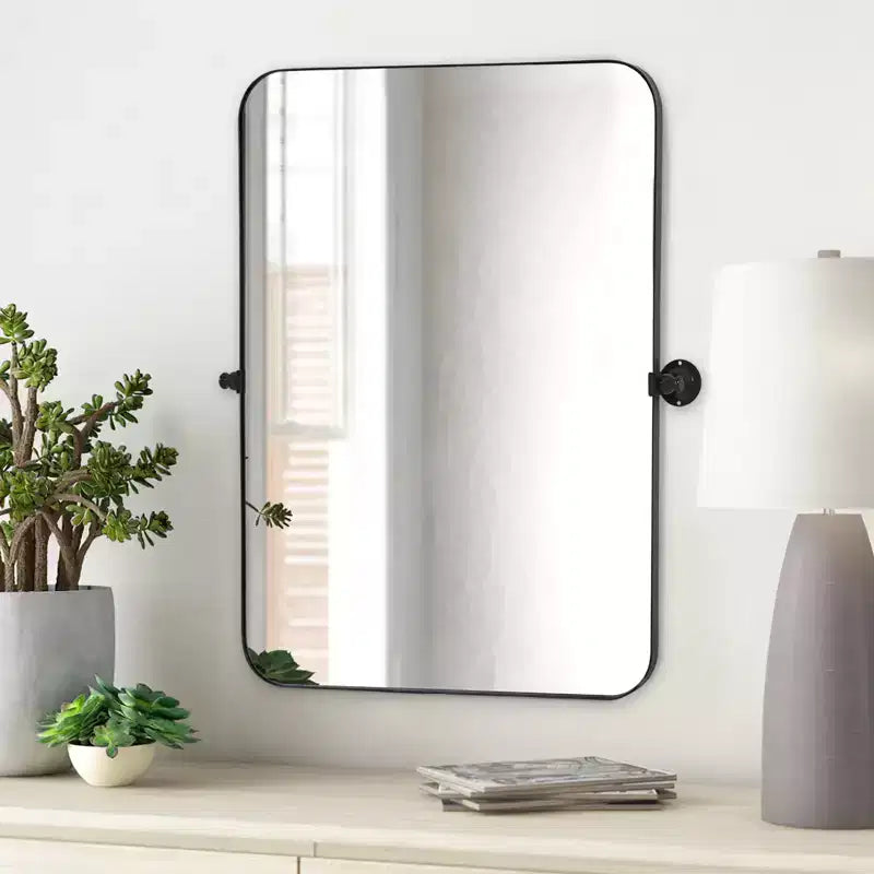 Miroir mural pivotant noir en fer forgé, rectangle arrondi, 35,83 x 24,02 po