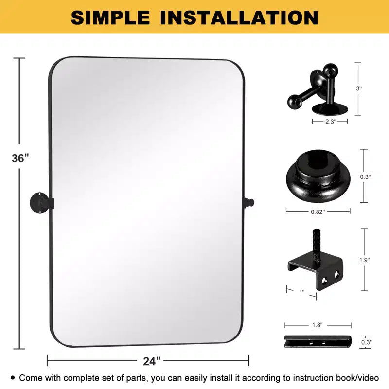 Miroir mural pivotant noir en fer forgé, rectangle arrondi, 35,83 x 24,02 po