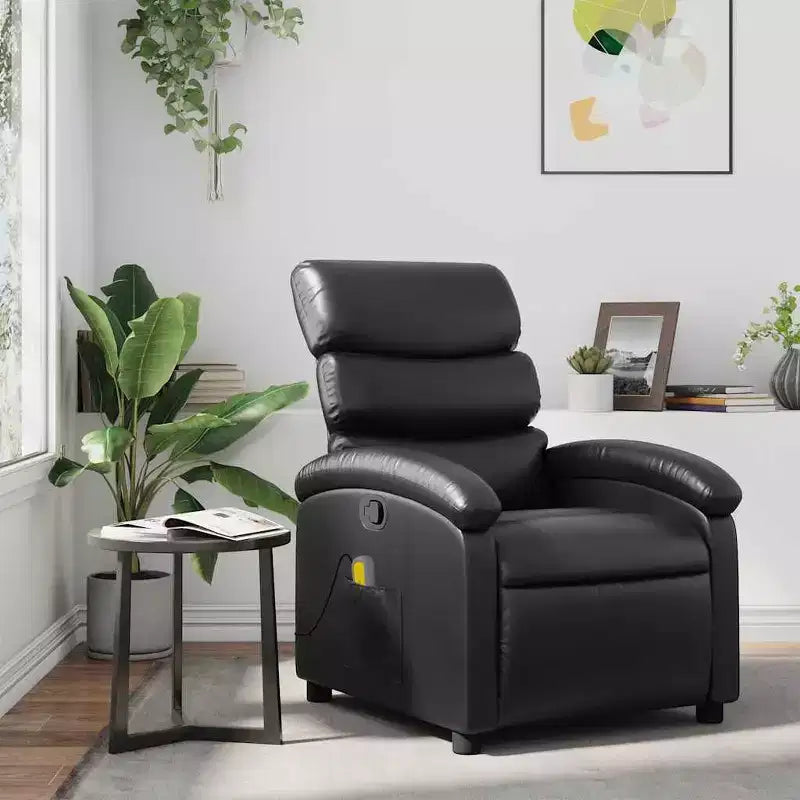 Fauteuil de massage inclinable en similicuir noir avec dossier et repose-pieds réglables