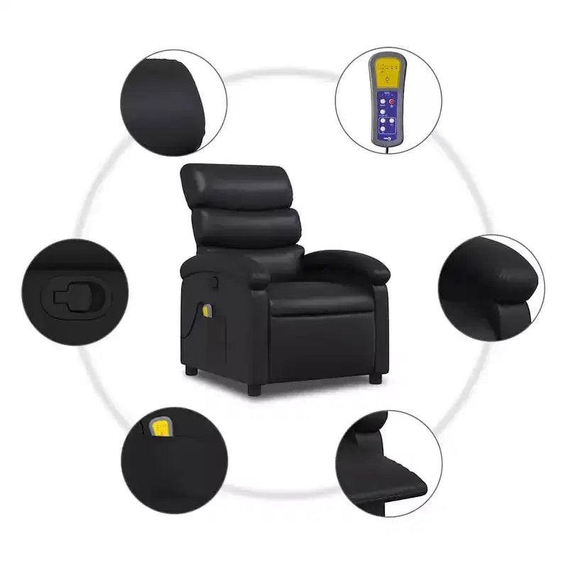 Fauteuil de massage inclinable en similicuir noir avec dossier et repose-pieds réglables