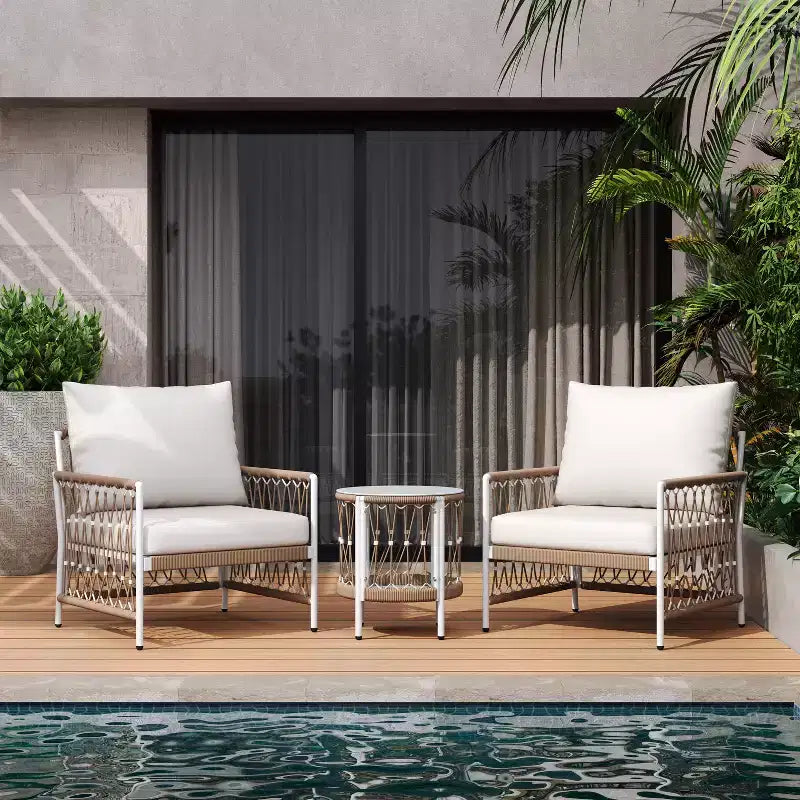 Christopher Knight Home Delphine Bohemian 3 Piece Patio Handwoven Rope Seating Set with Glass Top Side Table