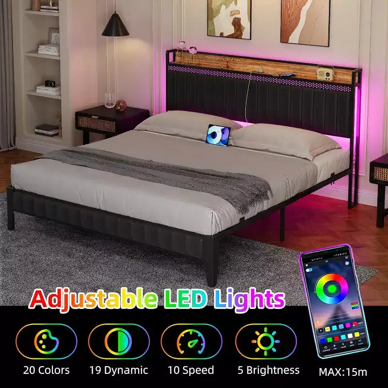Cadre de lit avec lumières LED et tête de lit de rangement, lit plateforme rembourré avec station de recharge, robuste, sans sommier tapissier requis, montage facile