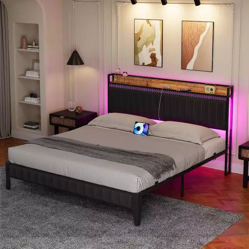 Cadre de lit avec lumières LED et tête de lit de rangement, lit plateforme rembourré avec station de recharge, robuste, sans sommier tapissier requis, montage facile