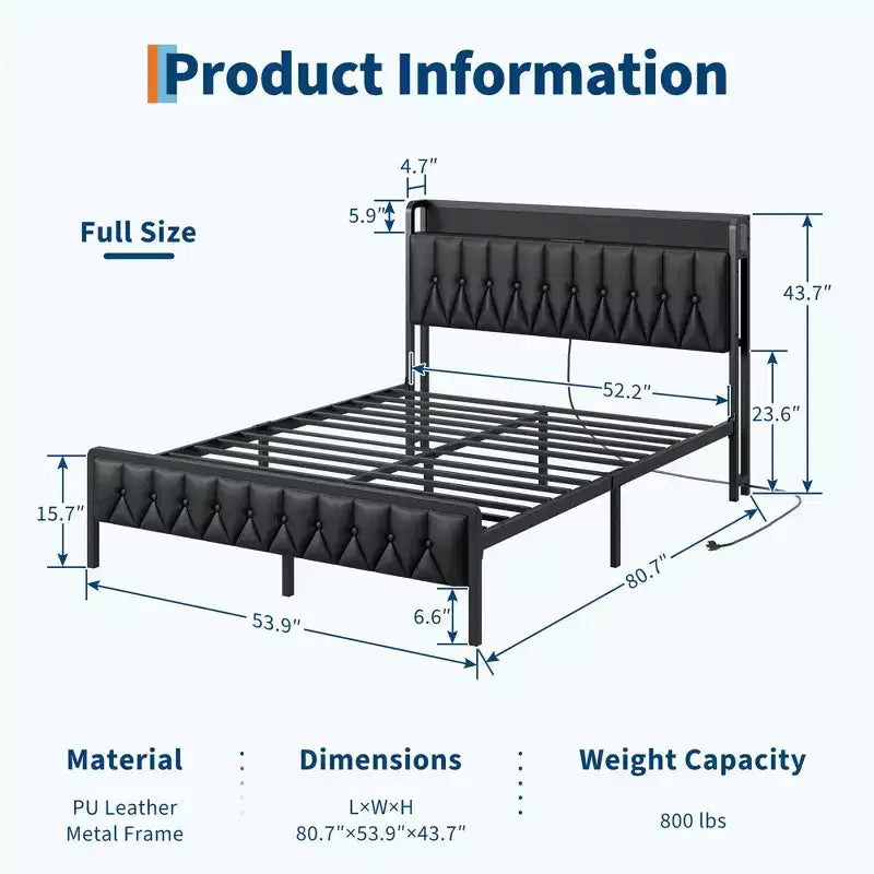 Cadre de lit double, Tête de lit capitonnée avec station de charge, Cadre de lit plateforme double entièrement métallique avec rangement, Sommier tapissier non nécessaire, Noir