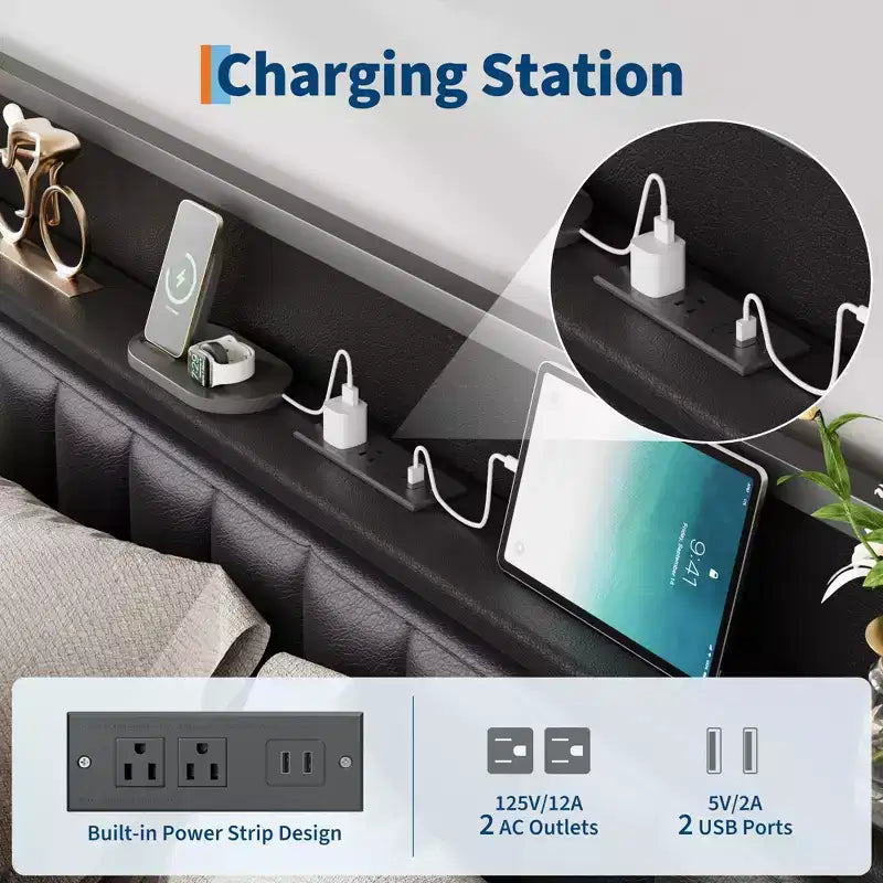 Cadre de lit double, Tête de lit capitonnée avec station de charge, Cadre de lit plateforme double entièrement métallique avec rangement, Sommier tapissier non nécessaire, Noir
