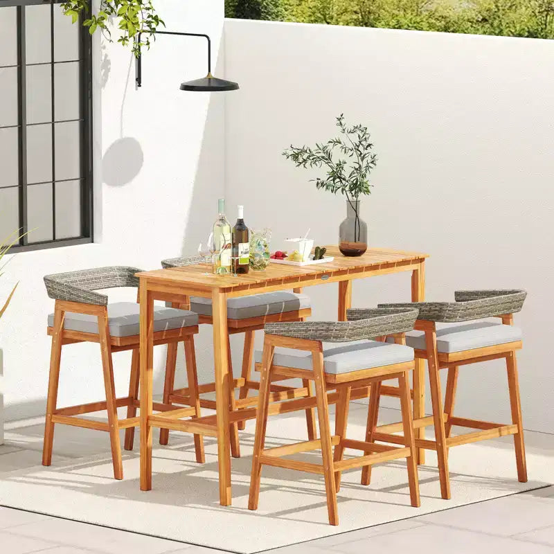 Costway 5 PCS Patio Counter Height Bar Set with 4 Cushioned Barstools Curved Rattan Back